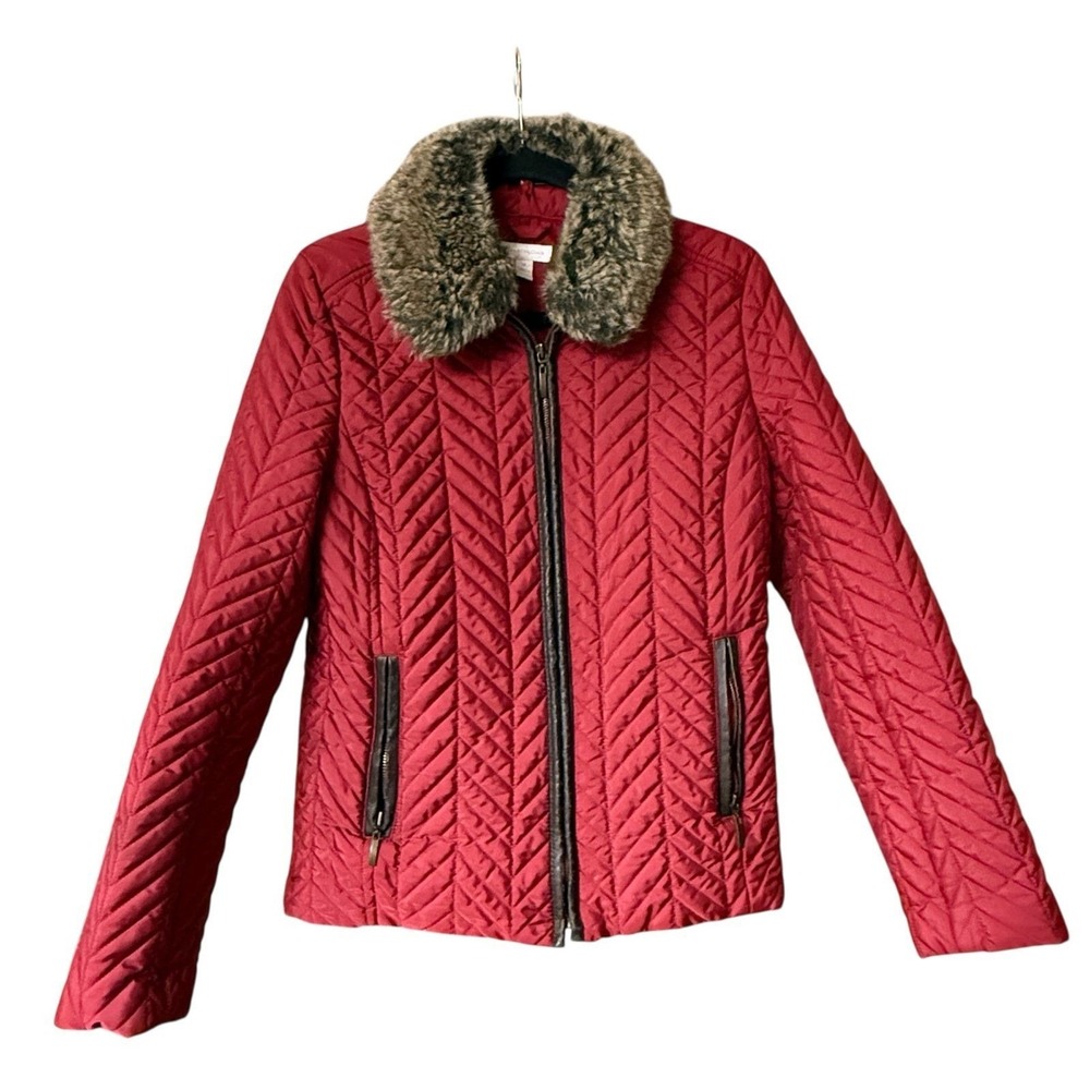 Charter Club Quilted Jacket Faux Fur Collar Faux‎ Leather Trim Maroon Women's M